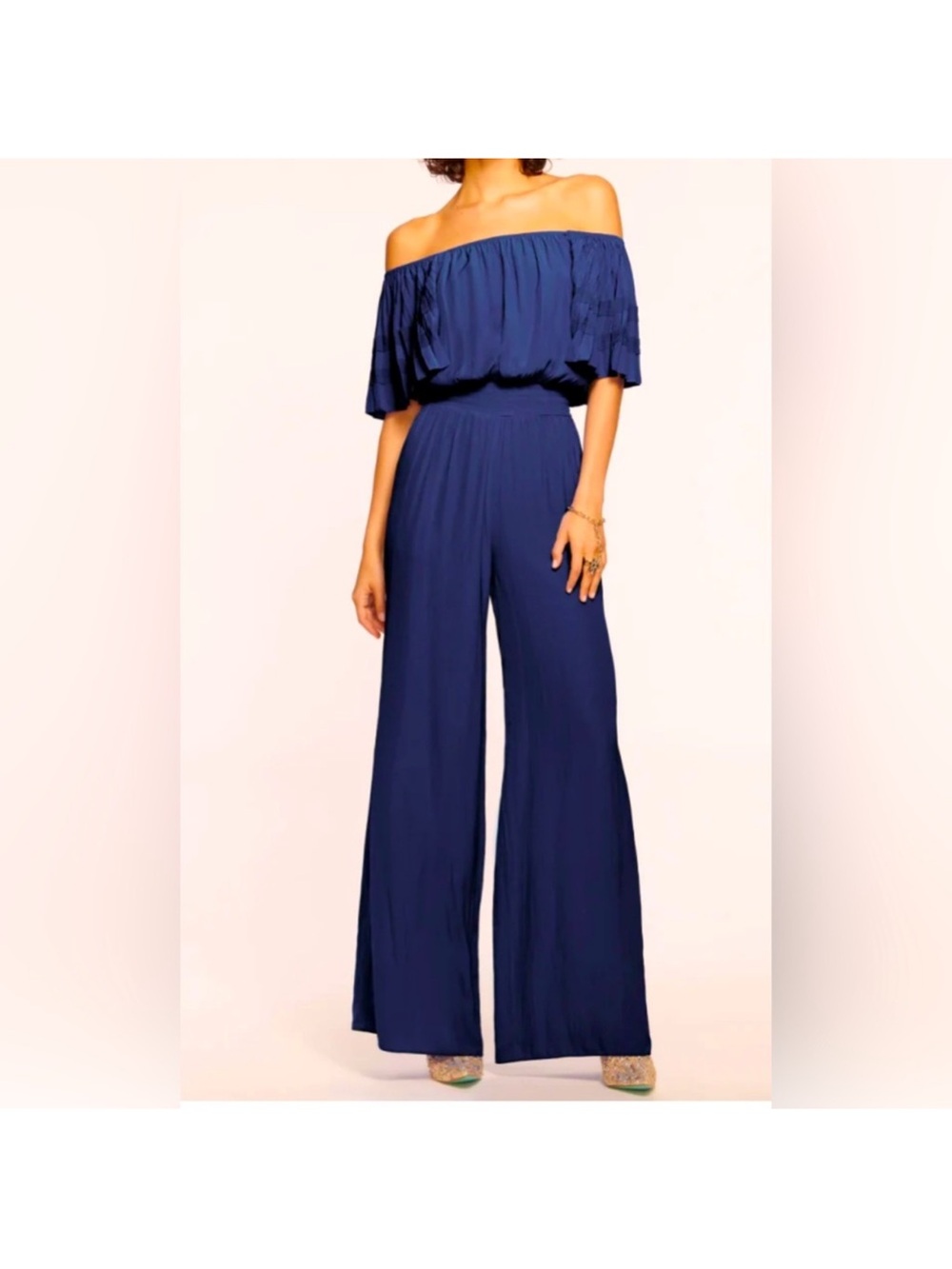 Ramy Brook size L Tinsley Off-Shoulder Wide-Leg Jumpsuit in Navy.